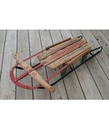 Vintage CHAMPION FASTRACK Wooden Snow Ice Sled Red &amp; Blue Graphics - $134.42 CAD