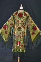 Olive Green Peacock Bohemian Mucha Gypsy Velvet Kimono Bohemian Duster - £196.72 GBP