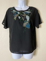 NWT H&amp;M Womens Size 6 Black Leaves Pattern Blouse Bead Sequin Embellished - £5.05 GBP