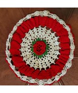 Vintage Crochet Raised Flower Doily 9.5 Inch White Red - $16.83