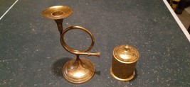 Brass Candle Holder Shaped As French Horn, Brass Container With Lid - $6.00