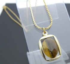 Brown Tiger&#39;s Eye Oval Stone Gold Tone Rectangle Casing Necklace Pendant Vintage - $29.39