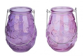 New Glass Lantern, Set Of 2 With Handle, Butterfly Design, Pink, 12.5 X 12.5 X - £19.74 GBP