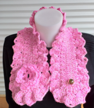 Pink ruffle hand knit scarf women, crochet wavy spring  neck warmer scarf - £22.84 GBP