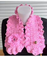 Pink ruffle hand knit scarf women, crochet wavy spring  neck warmer scarf - £23.15 GBP