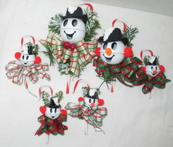 Christmas Snowman Bell Ornament On Candy Cane U Pick Size Style Ribbon Color - £8.23 GBP+