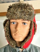 Furry Red Trapper Hat with Ear Flaps and Locking Chin Strap Quilted Lining - $13.19