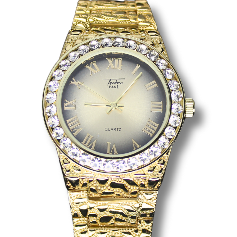 Men's iced Bezel 44mm Nugget Techno Pave Hip Hop CZ Gold Plated Metal Band Watch - $28.04