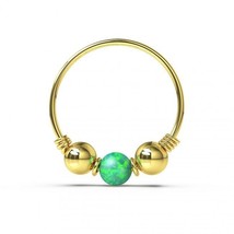 Green Opal Bead 14K Solid Yellow Gold Spring Coil End Nose 8mm Hoop Ring 22G - £137.48 GBP