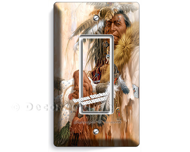 Native American old indian chief with feathers single GFCI light switch wall pla