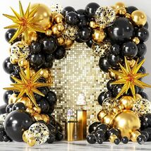 137Pcs Black Gold Balloon Garland Arch Kit with Stars for New Year Parties - $31.99
