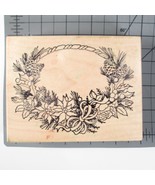 PSX 5&quot; Wood &amp; Rubber Stamp Poinsettia Pine Cone Holly Oval Wreath Christ... - £3.92 GBP