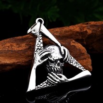 Mens Pyramid Tri-Hands Skull Pendant Necklace Punk Jewelry Silver Box Chain 24&quot; - £10.31 GBP