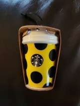 Starbucks Yellow Black Polka Dot Ceramic Ornament Coffee To go Solo Cup 2015 - £19.49 GBP