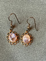 Vintage Small Dried Flower Oval Cab in Goldtone Flower Frame Dangle Earrings for - £7.47 GBP