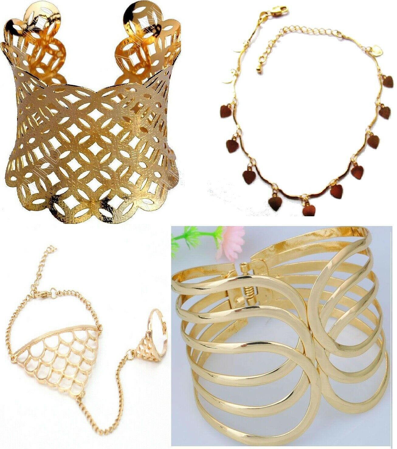 Gold Plated Open Cuff Bracelet Bangle,Link Finger Chain Ring,Gold Filled Heart - $11.99 - $15.00