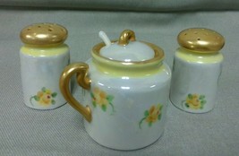 Vintage Japan Salt Pepper Shakers Mustard Pot Porcelain Yellow Flowers Gold Trim - £20.07 GBP