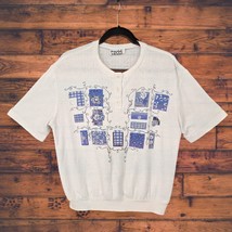 Vintage Teddi Blouse Women Med-Large? White Blue Patchwork Buttons Short... - $12.82