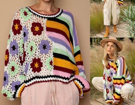 Pol hand knit sripe &amp; flower sweater in Multi - size L - £73.39 GBP