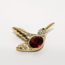 Hummingbird Red Rhinestone Body Brooch 1&quot; Vintage Gold Tone Bird Wings Up - £14.23 GBP