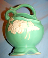 Vintage Green Weller Cameo Basket Vase w/Elaborate Handle-7 1/2  inches ... - $50.00