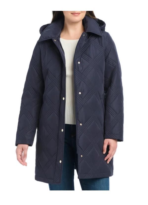 Jones New York Womens Jacket Navy Blue Quilt Hood Tie Belt Pockets Heavyweight Item image 2