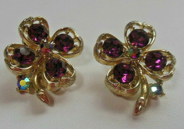 Vintage Signed Lisner Gold-tone AB &amp; Purple Rhinestone Clover Clip-on Ea... - $18.80