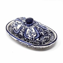 Handmade Pottery Butter Dish, Blue Flower - Encantada - $56.65