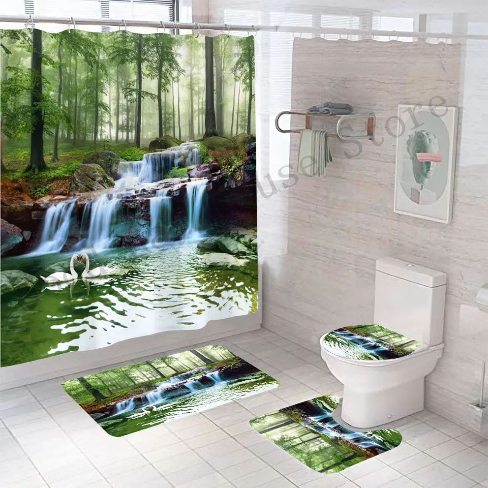 House Home Landscape Lotus Shower Curtain Set Creek Stone Bathroom Curta... - £28.31 GBP