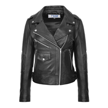 DR207 Women&#39;s Real Leather Biker Cross Zip Jacket Black - £118.38 GBP