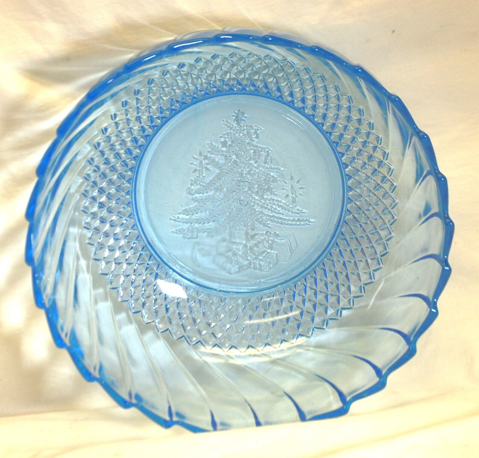 Primary image for Blue Glass Swirl Salad Fruit Bowl Christmas Tree Design