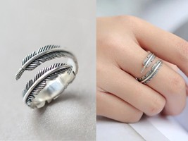 Feather Adjustable Ring | 925 Sterling Silver Adjustable Ring For Women Gift Jew - £11.17 GBP