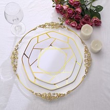 10 White Gold 8&quot;&quot; Octagon Disposable Salad Plates Geometric Party Event Tablewar - £9.43 GBP