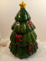 Vintage 1990&#39;s Green Glazed Ceramic Decorated Christmas Tree Cookie Jar Holiday - £21.36 GBP