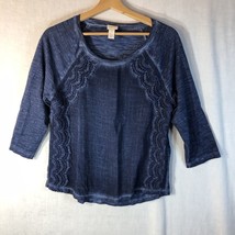 Chico&#39;s Size 1 Denim Blue w Lace Trim Shirt 3/4 Sleeve Cotton Blend - £15.52 GBP