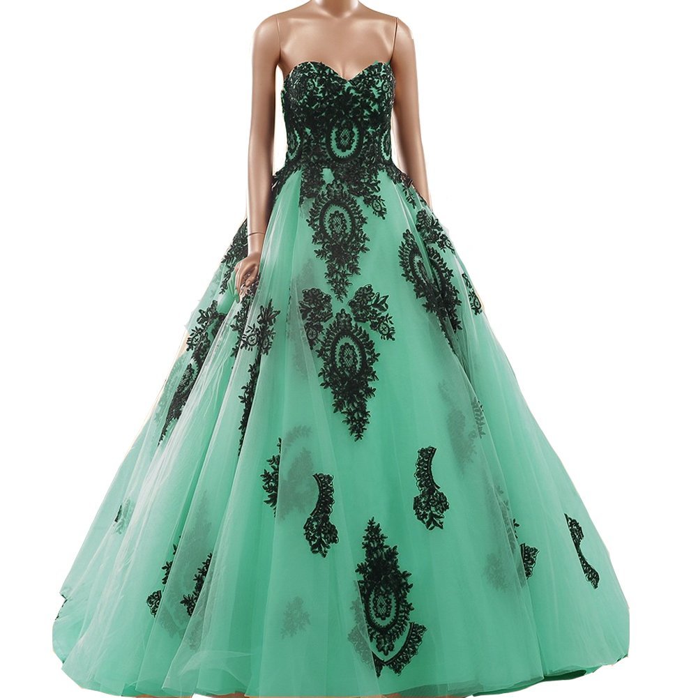 Kivary Gothic Black Lace Tulle Ball Gown Sweetheart Long Corset Prom Evening Dre