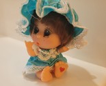 Vintage 4.5&quot; Brunette Craft Doll Sekiguchi Thumb Sucker Blue Dress Heart... - $74.95