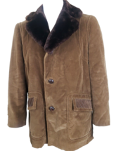 Vintage Cortefiel Corduroy Coat Mens 42 Brown Faux Fur Collar Silk Lined Spain - £107.74 GBP