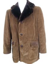 Vintage Cortefiel Corduroy Coat Mens 42 Brown Faux Fur Collar Silk Lined Spain - £107.76 GBP