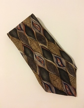 Mano Mano Geometric Neck Tie 100% Silk Olive Green Brown Gold - £27.94 GBP