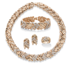 Round Crystal Necklace Earrings Bracelet Rig Set Goldtone - £78.65 GBP
