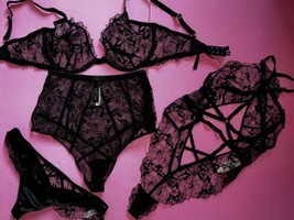 Victoria&#39;s Secret Unlined 34DD,34DDD,36C Bra Set+Thong+Panty+L Teddy Black Lace - £150.16 GBP