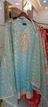 Pure Organza Silk Semi Stitched Salwar Suit Set, Blue Color Zari Sequins work Al - £64.88 GBP