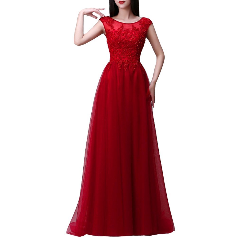 Kivary Tulle A Line Cap Sleeves Sheer Lace Appliques Corset Long Prom Evening Dr