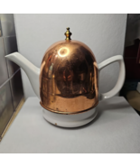 Vintage Old Dutch Copper Cover &amp; Brass Knob White Ceramic Tea Pot Natura... - £29.39 GBP