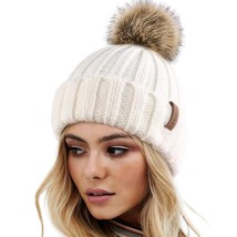 Womens Winter Knitted Beanie Hat With Faux Fur Pom Warm Knit Skull Cap Beanie Fo - £23.58 GBP