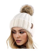 Womens Winter Knitted Beanie Hat With Faux Fur Pom Warm Knit Skull Cap B... - £23.52 GBP