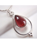 Garnet Necklace 925 Sterling Silver Teardrop in Hoop Silver Dot Accents New - £13.63 GBP