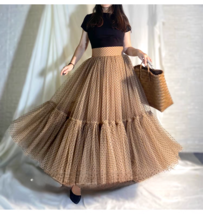 Brown Polka Dot Fluffy Tulle Skirt Outfit Women High Waist Plus Size Tulle Skirt image 2