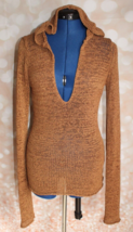 Y2K J.J. Basics Women&#39;s Brown Hooded Deep V-Neck Tunic Sweater Size M - £8.17 GBP